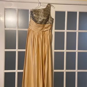 One shoulder gold prom dress